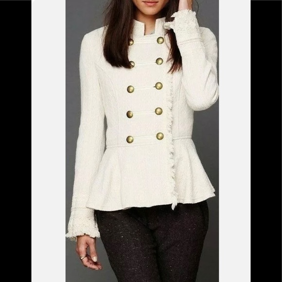 Anthropologie Jackets & Blazers - Anthropologie Free People Military Jacket Peplum Lace Crochet Fancy Fringe Trim